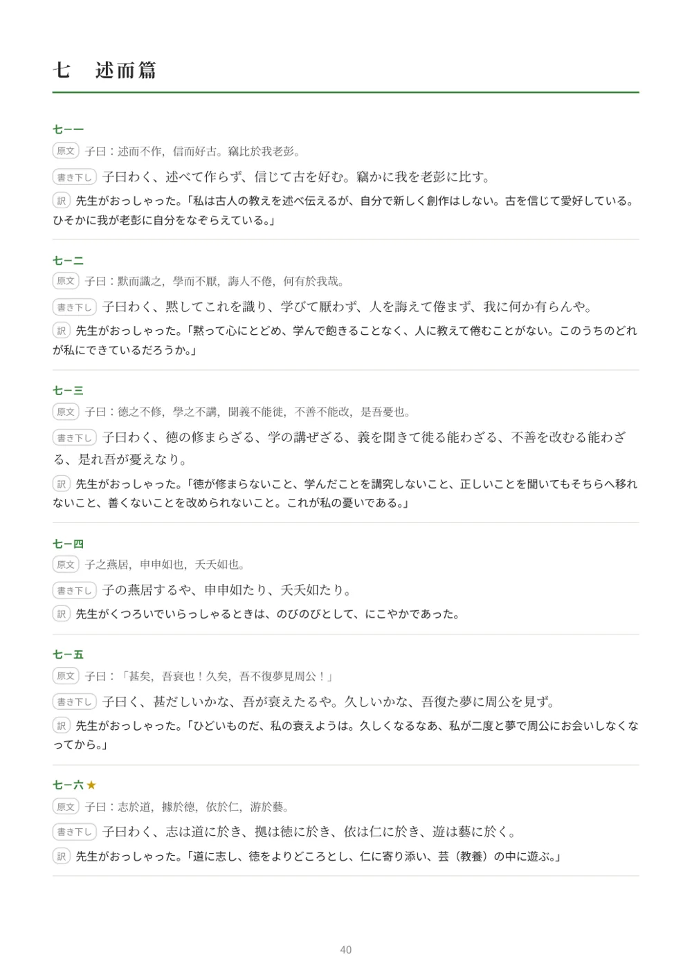 述而篇の頁。章ごとに原文・書き下し・現代語訳が並ぶ